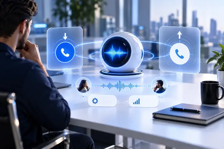 Saubere blau-weiße Produktoberfläche mit einem Sprach-KI-Agenten-Hub, Steuerungen für eingehende und ausgehende Anrufe, einer einfachen Gesprächslinie sowie kleinen Hinweisen auf Automatisierung und Skalierbarkeit.