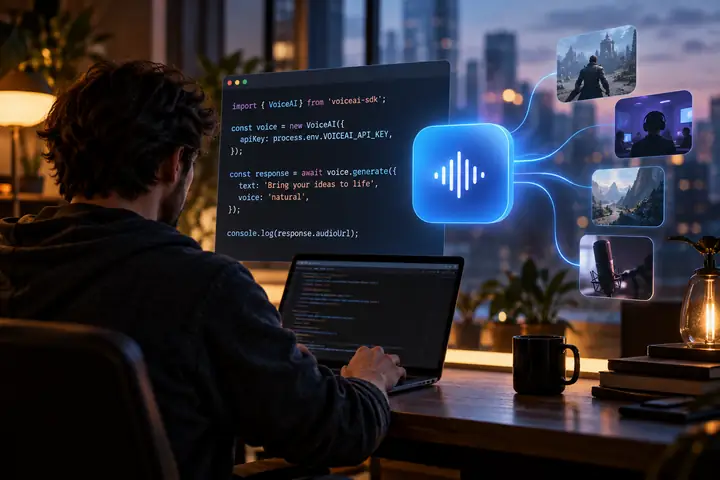 Elegante Illustration einer Entwickler-Integration mit einer realistischen Code-Snippet-Karte neben einem abgerundeten blauen Voice Ai API-Badge und dezenten Anwendungskacheln.